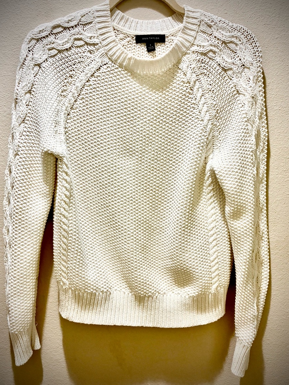 Ann Taylor Factory Cream Cable-Detail Crewneck Sweater